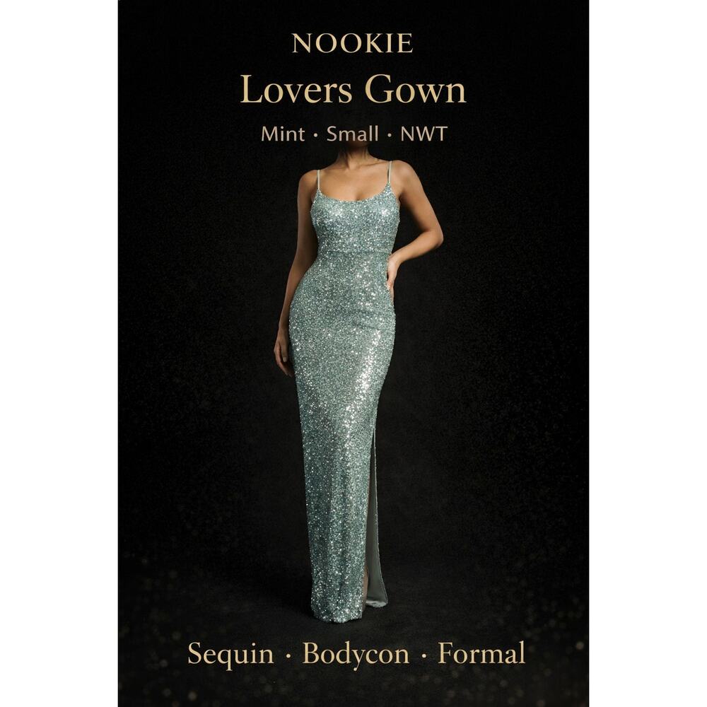 Nookie Lovers Gown Small Mint Green Sequin Maxi Dress Bodycon Formal NWT